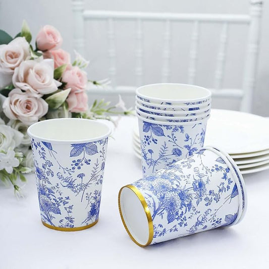 Efavormart 24 Pack | 9oz Blue Chinoiserie Floral Paper Cups with Gold Rim, Elegant Disposable Party Cups