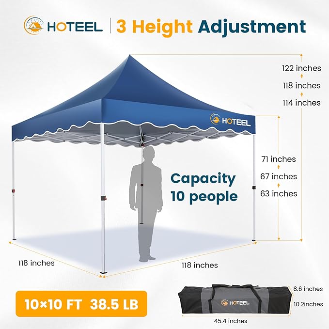 Hoteel 10x10 Pop Up Canopy Tent | One Person Setup Outdoor Shade, UPF 50+ and Waterproof, 210D Oxford Top, 3 Heights Adjustable, 600D Carry Bag for Beach, Events, Commercial Use (Blue)