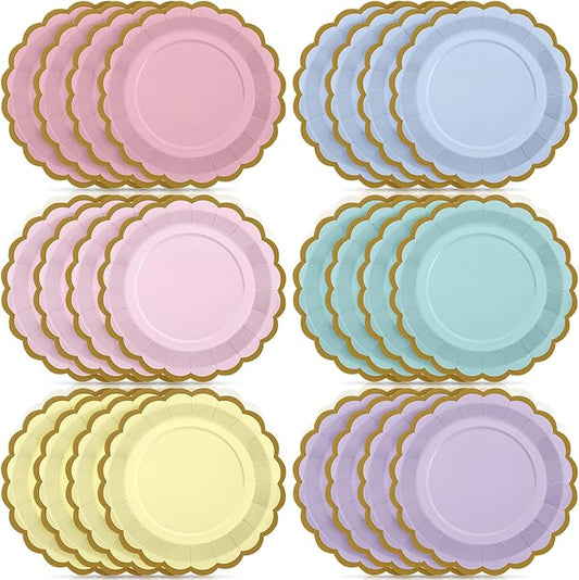 48 Pcs Pastel Rainbow Paper Plates 9 Inch Gradient Color Scalloped Paper Disposable Dinner Dessert Plates for Easter Birthday Wedding Bridal Party Supplies, 6 Colors