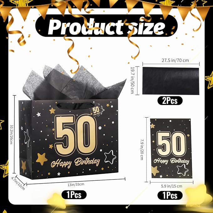 Powbrace 13" Black 50th Birthday Gift Bag with Tissue Paper and Greeting Card for Party,Happy Birthday Gift Bag for Men Women,Gift Bags Medium size(1 Black 50th)
