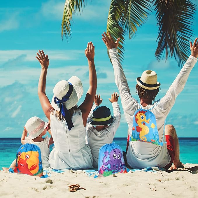 Woanger 12 Packs Ocean Party Supplies Favor Drawstring Bags Colorful Fish Backpack Bag Cartoon Sea Animal Birthday Goodie Bags String Pouch for Kids Ocean Themed Birthday Party Baby Shower Supplies