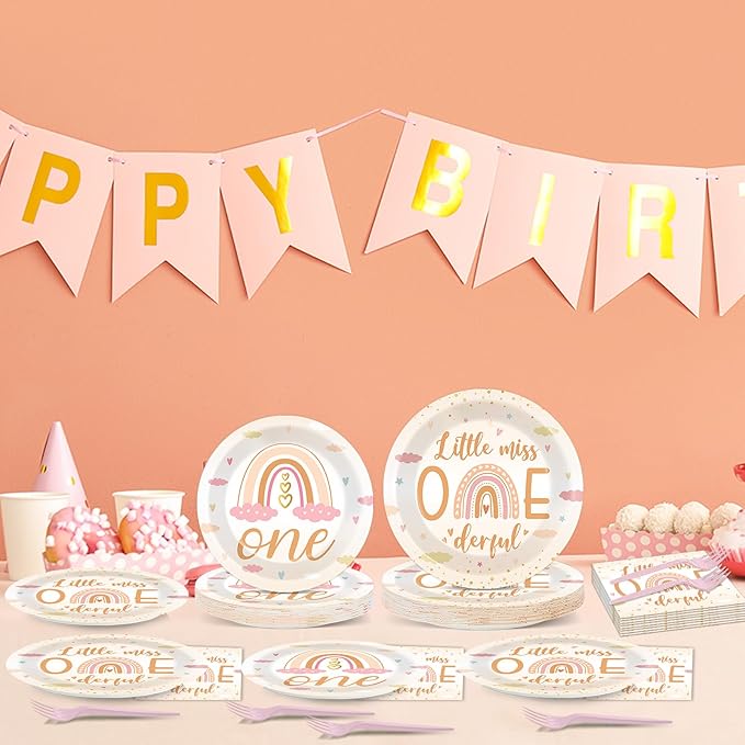 96Pcs Boho Rainbow Party 1st Decorations Miss Little One Derful 1st Themed Tableware Rainbow First Trip Birthday Plates Napkins Forks Onederful Dinnerware Supplies for Baby Shower Birthday Serves 24