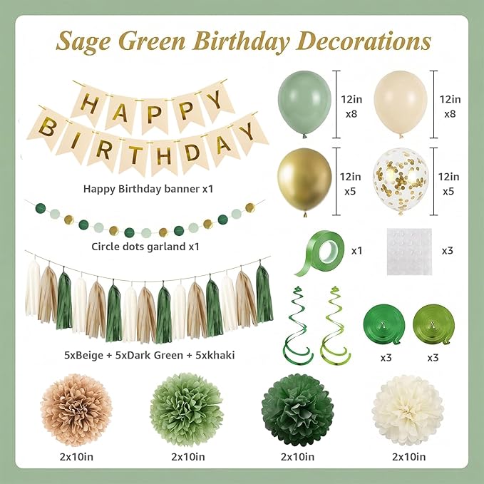 Sage Green Birthday Party Decorations for Women Girls with Happy Birthday Banner,Circle Garland,Tissue Paper Pompoms,Hanging Swirl, Paper Tassel,Decorations Balloons for Party Decor