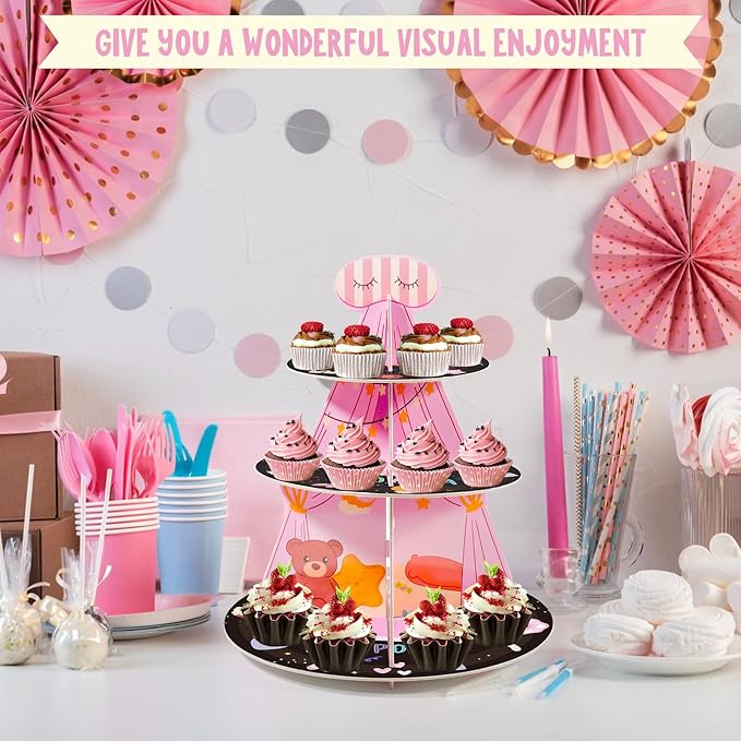 3-Tier Cake Stand for Girls Birthday Party Decorations - Pink and Black Orbicular Cardboard Dessert Stand for Sleepover Party Supplies,Slumber Decorations,Sleep Over Tents for Girls