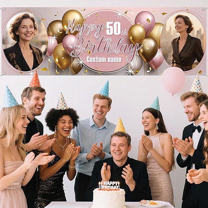 Dicodes Personalized Happy Birthday Banner with Name Custom Photos Birthday Photography Background Decorations Party Supplies for Women Men (Rose Pink-2 Photo)