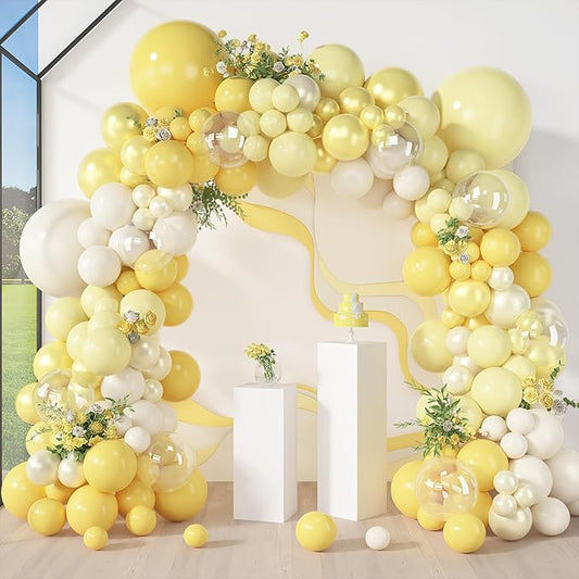 Amandir 173 Pcs Yellow Balloon Arch Kit, Double Stuffed Pastel Light Yellow Pearl White Sand Clear Balloons for Bee Lemon Wedding Bridal Shower Engagement Anniversary Birthday Party Decorations