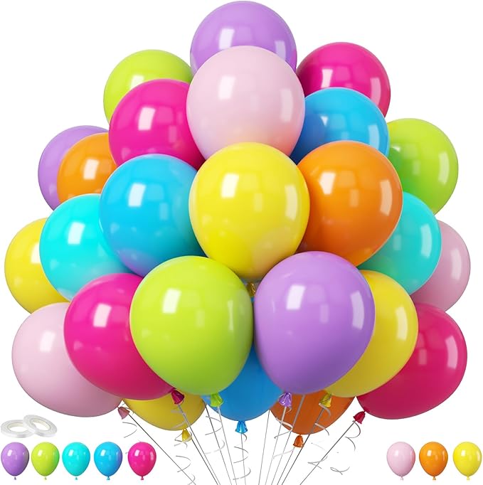 Colorful Balloons, 60Pcs Rainbow Balloon, 12 Inch Latex Multicolor Balloons Bright Color Yellow Orange Hot Pink Teal Blue Green for Kids Birthday Baby Shower Summer Pool Hawaii Theme Party Decoration