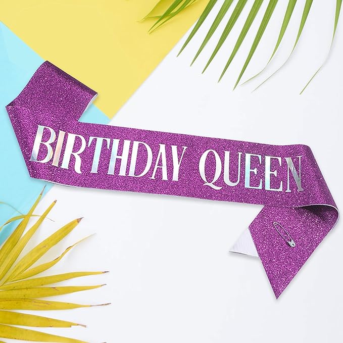 Birthday Queen Sash, Dazzle Foil Letter Glitter Purple Birthday Sash for Women Girl 21st 30th 40th 50th 60th Gifts Funny Bday Gifts Party Favors Photo Prop