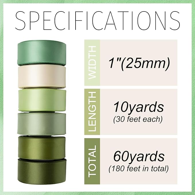 Green Satin Ribbon 1 Inch x 60 Yards Sage Green Ribbon Assorted Solid Color Double Faced Silk Satin Ribbons for Crafts, Gift Wrapping, Wedding, Bridal Shower, Flower Bouquet, Invitation, Hair Bows