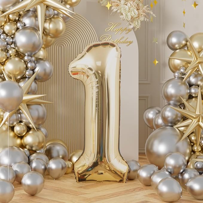AULE 40 Inch Large 1 Balloon Numbers Light Gold, Big Foil Number Balloons, Giant Helium Happy Birthday Party Decorations for Man and Women, Huge Mylar Anniversary Party Supplies