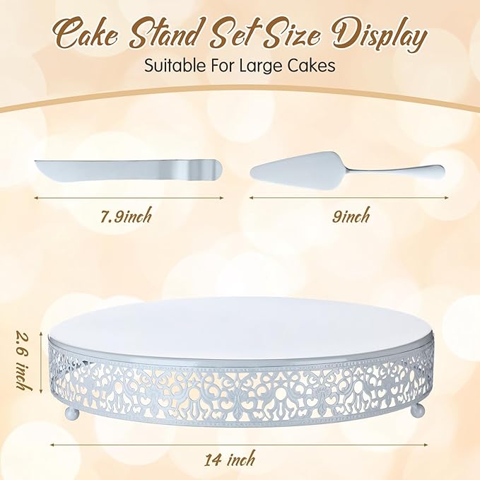 Wenqik 14 Inch White Cake Stand Set Metal Round Cupcake Dessert Stand with Cake Cutting, Spatula Wedding Cupcake Pastry Display Candy Holder Display for Wedding Party Birthday Baby Shower(Classic)