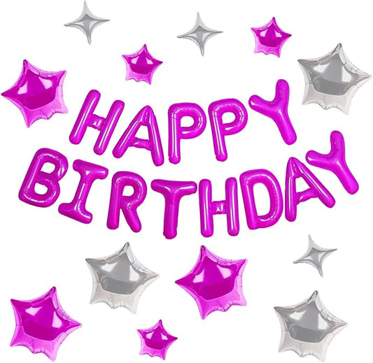 CANREVEL Happy Birthday Banner 13pcs 16 Inch Mylar Foil Letters with 12pcs Star Balloons Birthday Party Decorations for Kids and Adults - 3D Hot Pink