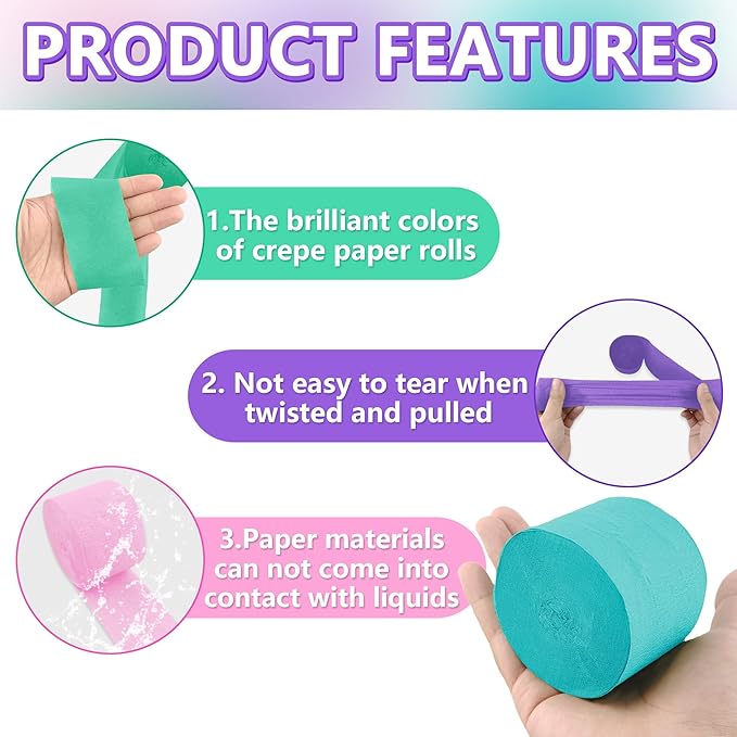 Crepe Paper Streamers 2.2" x 123 Ft Per Roll, Pastel Streamers Party Supplies for Mermaid Princess Birthday Party Baby Shower Wedding Backdrops Decorations, Pink, Green, Blue, White, Purple