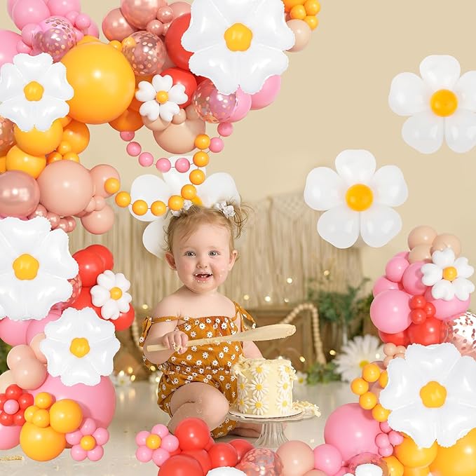 168Pcs Daisy Balloon Arch Garland Kit, Mothers Day Pastel Pink Orange Yellow Confetti Daisy Flower Balloons for Two Groovy One Birthday Floral Boho Girl Baby Shower Wedding Hippie Party Decorations