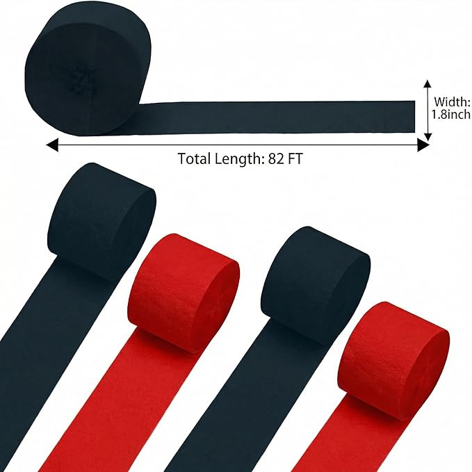 Black and Red Crepe Paper Streamers 4 Rolls 328ft, Pack of Party Streamers for Halloween, Crepe Paper for Birthday, Kwanzaa, Christmas Party Decorations (1.8 Inch x 82 Ft/Roll)
