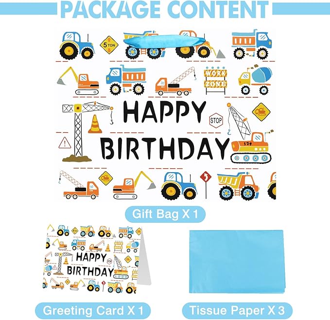 Laidans 13" Large Happy Birthday Gift Bag for Baby Boy Kids with Tissue Paper and Card (Construction Vehicle)