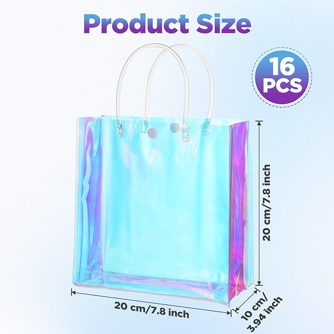 16 Pcs Holographic Bags, Party Favor Bags Clear Reusable Birthday Gift Bag with Handle-PVC Plastic Goodie Handbag for Women Girls Iridescent Bachelorette Wedding Christmas(7.87" x 7.87" x 3.94")