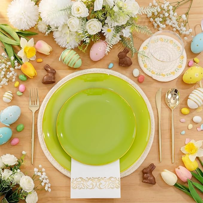 MirthMood 210pcs Green Plastic Plates,Disposable Green Gold Party Plates,Include 30 Dinner,Dessert Plate,30 Cup&30 Napkins, 90 Gold Silverware for St Patrick's Day & Wedding & Birthday（grape green）