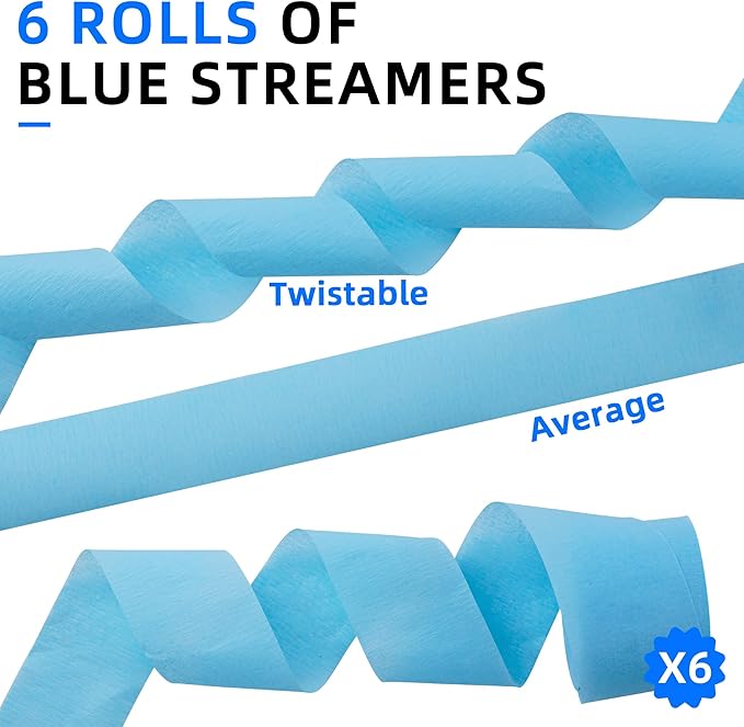 Oun Nana Blue Streamers Crepe Paper 6 Rolls, 2.2" x 123 Ft, Birthday Party Streamers Decorations for Gender Reveal Baby Shower Bachelorette Party Bridal Shower Graduation Wedding Anniversary