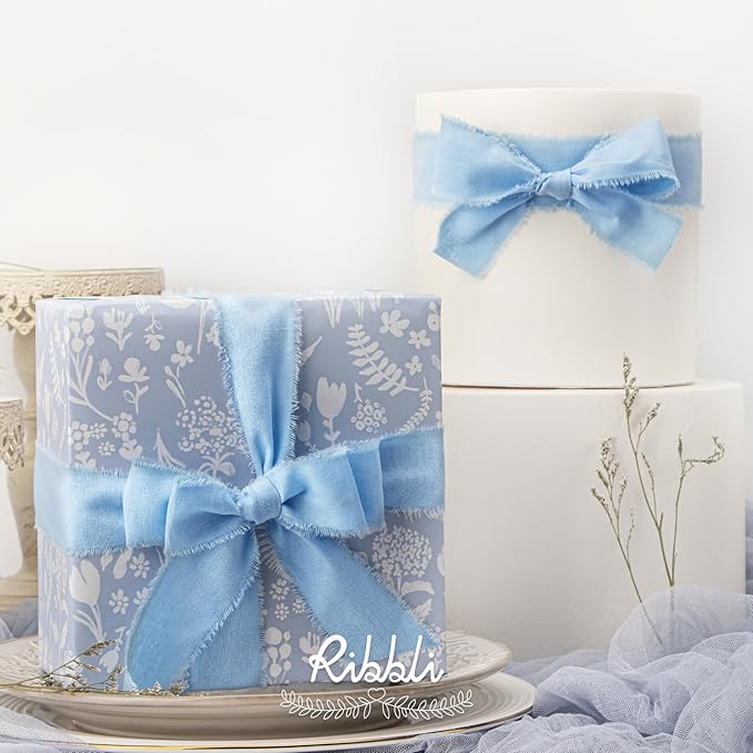 Ribbli 3 Rolls 1.5 Inch x 18Yards Light Blue Baby Blue Dusty Blue Handmade Cotton Frayed Fringe Ribbons for Gift Wrapping Wedding Invites Bridal Bouquets Baby Shower DIY Crafts Home Decor