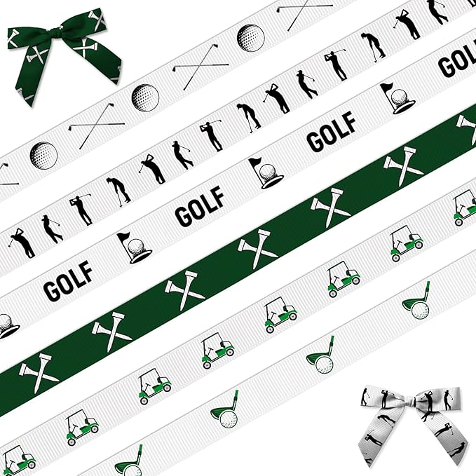 6 Rolls 3/8'' Golf Ball Ribbon Sports Ball Ribbons for Wreath DIY Craft White Green Grosgrain Ribbons for Hair Bows Wrapping Sport Team Golf Themed Party Home Decoration 18 Yard
