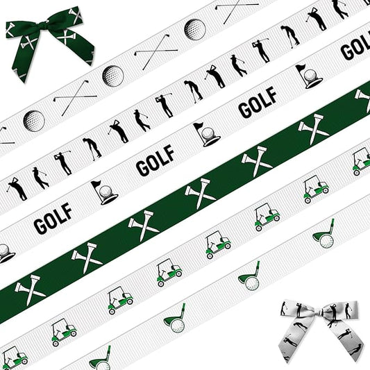 6 Rolls 3/8'' Golf Ball Ribbon Sports Ball Ribbons for Wreath DIY Craft White Green Grosgrain Ribbons for Hair Bows Wrapping Sport Team Golf Themed Party Home Decoration 18 Yard