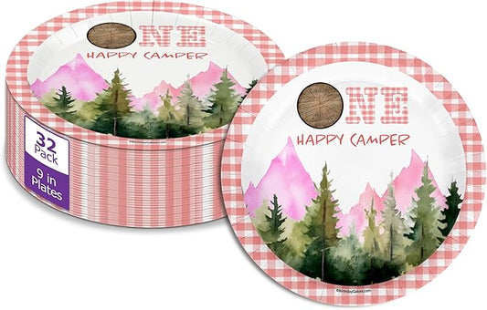 One Happy Camper Girl's First Birthday - 32 Piece Disposable Party Supplies - Decorations for Camping 1st Birthday Round Party Plates - Large 9" Paper Plates In Bulk