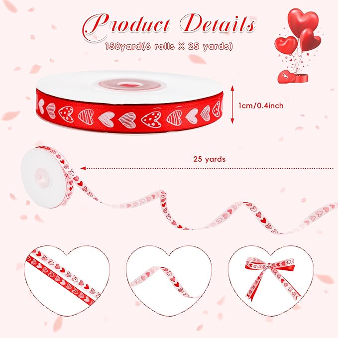6 pcs Valentine’s Day Ribbon Set, 3/8 Inch Heart Satin Ribbons for Candy Gift Wrapping Flower Home Decoration(Red Pink)