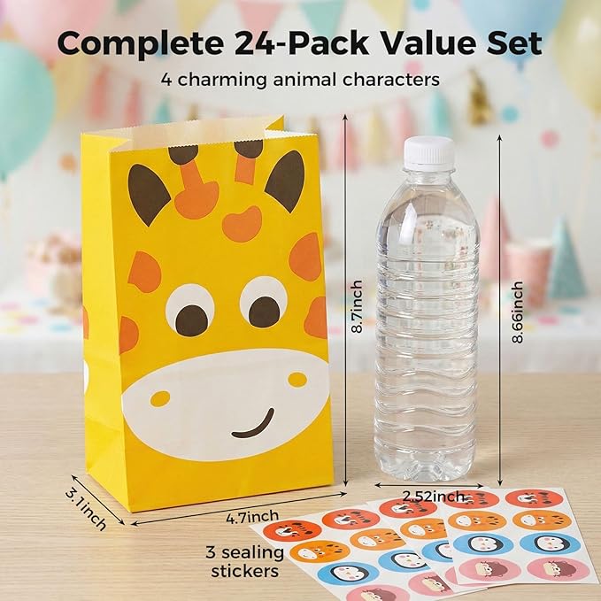 VGOODALL 24 Pack Party Favor Bags with Stickers, 4.7"x 3.1"x 8.7" Animal Paper Treat Bags for Kids Birthdays Classroom Rewards Goodie Gift Supplies