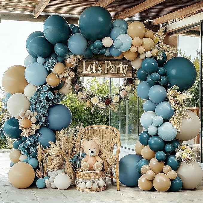 Dusty Blue Tan Balloon Garland Double Stuffed Slate Pastel Blue Brown Nude White Sand Latex Balloons Arch Kit for Neutral Birthday Baby Shower Gender Reveal Bridal Wedding Bear Party Decorations