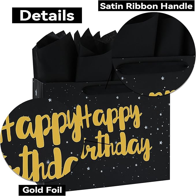 13" Large Black Gift Bag Set with Greeting Card and Tissue Papers (Stars and Gold Foil ‘Happy Birthday’) for Men's or Women's Party, Boys', Girls' or Kids' Birthday Parties, Baby Boy or Girl, 13”x5.2”x10.2”, 1 Pcs.