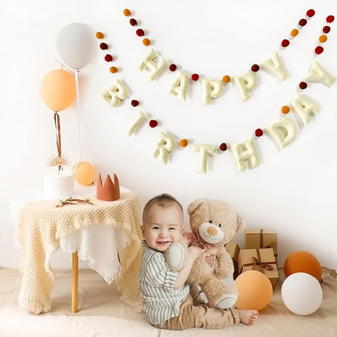 Boho Felt Happy Birthday Banner, Bohemian Birthday Party Decorations,Natural Handmade Wool Letters & Balls, Boho Happy Birthday Garland for kids Birthday Parties Window Door Mantels Decor Ready To Hang