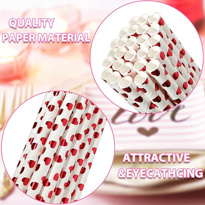 50 Pcs Heart Shape Straws Foil Valentine's Day Heart Paper Straws Drinking Straws For Birthday Party Wedding Party Favors