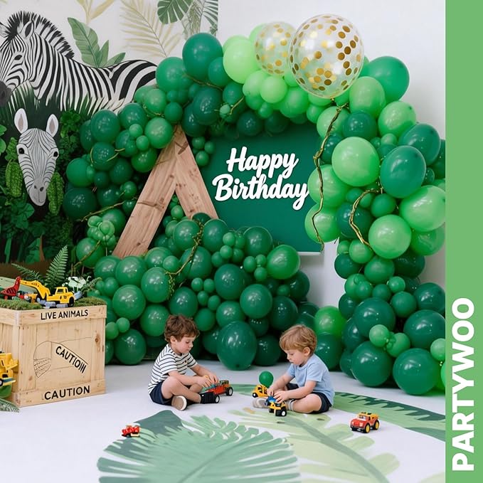 PartyWoo Green Balloons 66pcs 12 Inch Light Lime Dark Emerald Hunter Forest Metallic Green Gold Confetti Balloons for Baby Shower Wedding Engagement Jungle Woodland Birthday Party Decorations