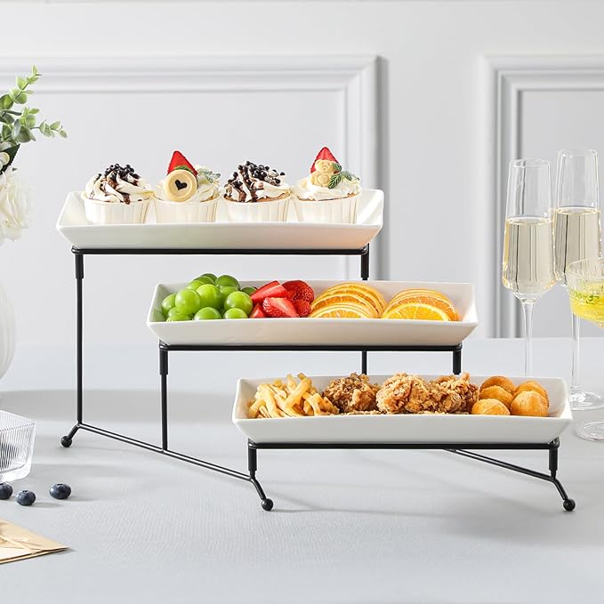 MALACASA 3 Tier Serving Trays for Party, Porcelain Serving Platters and Trays, 12 Inch Tiered Tray Stand, Fruit Tray, Trays for Serving Food, White Dessert Stand with Collapsible Sturdier Metal Rack