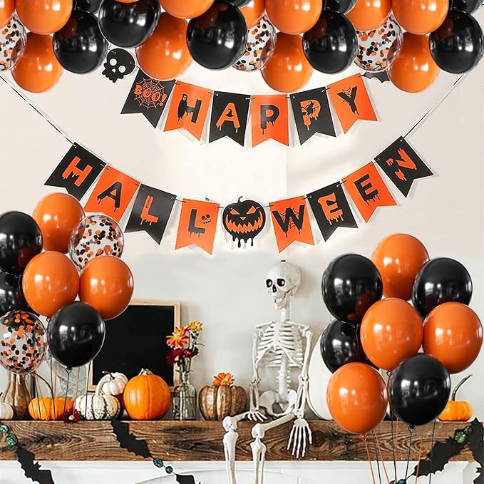 Halloween Balloons Black and Orange Balloons, 50Pcs Orange & Black Latex Balloon12 Inch Black Orange Confetti Balloons for Birthday, Graduation Party Decorations