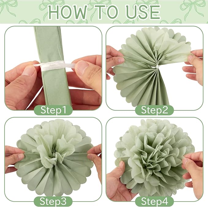 EASY JOY Sage Green Tissue Pom Poms Paper Flowers Decorations Natural Green Boho Hanging Décor for Safari Jungle Party Bridal Shower Baby Shower Home Decor Nursery Birthday Backdrop 15PCS