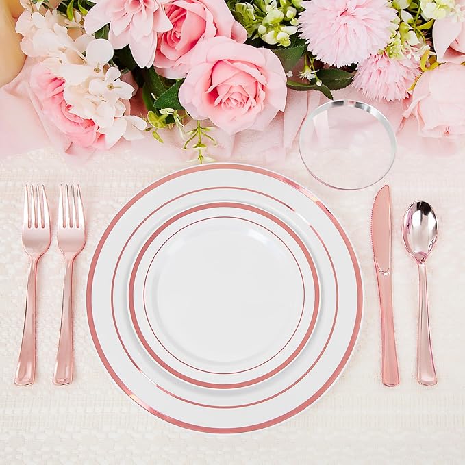 WELLIFE 150 PCS Rose Gold Disposable Dinnerware Set for 25 Guests, Valentine's Day Plate, 25 Dinner & Salad Plates, Cups, Forks Knives Spoons for Wedding Reception and Mothers Day Plates