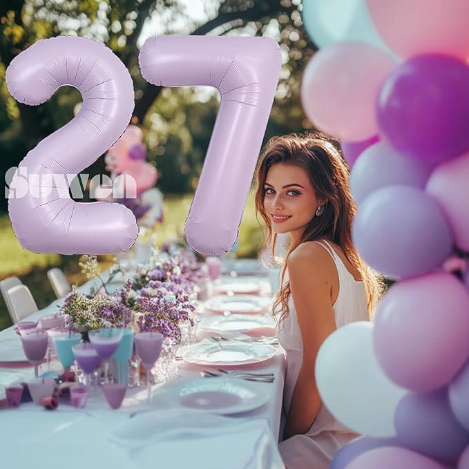SUWEN 40 Inch Light Purple Large 27 Balloon Number Big Foil Helium Lavender Number Balloons Huge Mylar 0-9 Giant Jumbo Happy 27th Birthday Party Anniversary Decorations