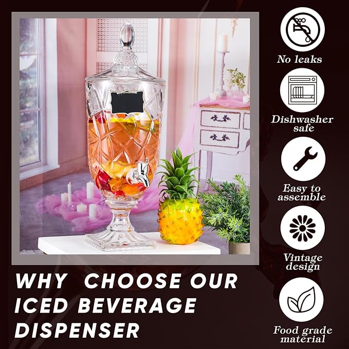 Zhehao 2 Pcs Drink Dispensers for Parties 0.8 Gallon Glass Beverage Dispenser Clear Vintage Crystal Beverage Dispenser with Spigot and 2 Wooden Chalkboard Wide Mouth Beverage Server for Bar Home