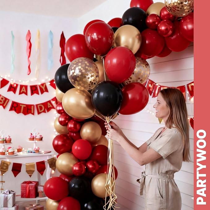 PartyWoo Red Black and Gold Balloon Arch Kit Garland 142pcs Different Sizes of 18 12 10 5 Inch Matte Black Red Metallic Gold Confetti Balloons for New Year's Eve Graduation Birthday Party Decorations