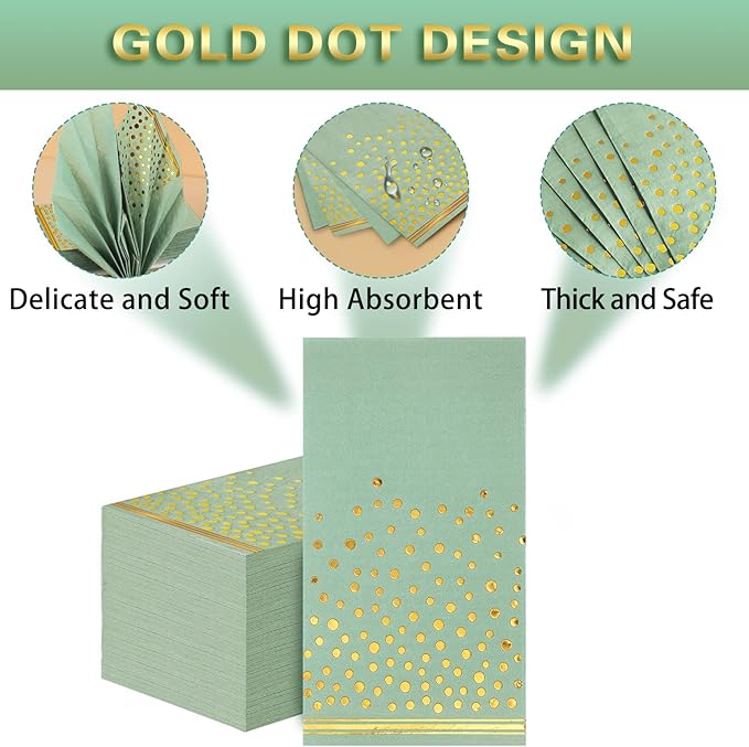 100 Pcs Sage Plates and Napkins Party Supplies,Sage Green Party Plates with Golden Dot for Birthday Baby Shower Bridal Shower Wedding,Serve 50