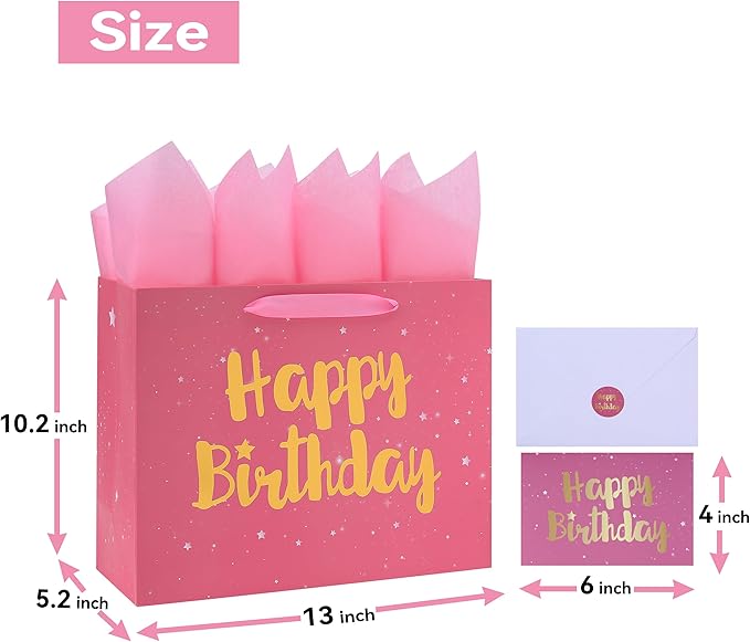 Qirrmiy 13" Large Pink Gift Bag Set with Greeting Card and Tissue Papers (Stars and Gold Foil ‘Happy Birthday’) for Women's Party, Girls' or Kids' Birthday Parties, Baby Girl, 13”x5.2”x10.2”, 1 Pcs.