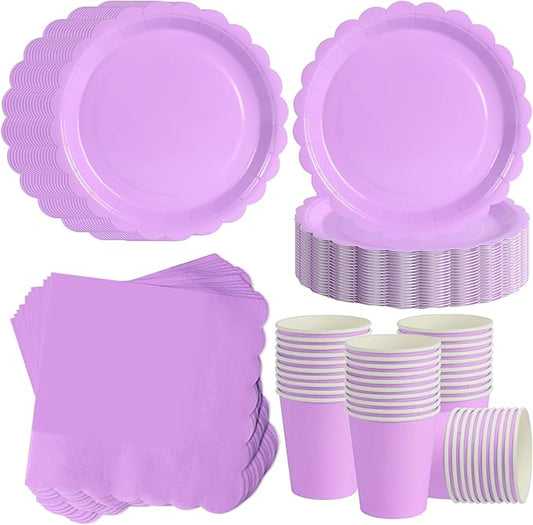 Lavender Scalloped Party Plates Set, 120-Piece Disposable Dinnerware for 40 Guests, 7-inch Decorative Edge Plates, Cups & Napkins for Spring Wedding, Girls Birthday, Easter