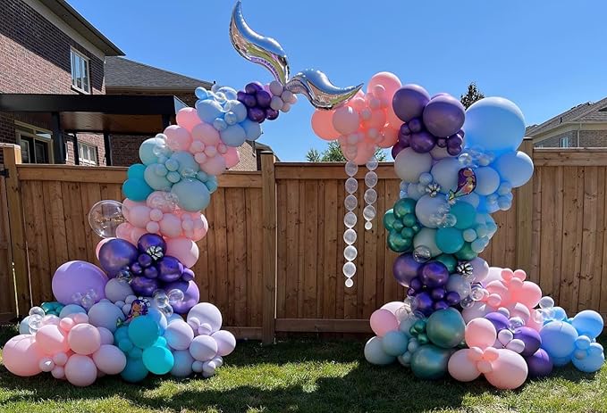 Mermaid Balloon Arch Kit, 122pcs Pink Purple Teal Mermaid Balloons with Silver Tail Foil Balloon 16ft Tape Strip & Dot Glue for Birthday Mermaid Party Decorations