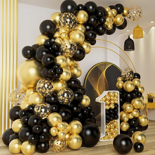 DBKL Black and Gold Balloons Garland Arch Kit with Black Gold Confetti Balloons for Happy New Year Decorations 2025 Birthday Graduation Party Supplies