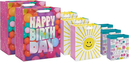 Hallmark Assorted Birthday Gift Bags (8 Bags: 3 Small 6", 3 Medium 9", 2 Large 13") Smiling Sun, Balloons, Cute Flowers and Plants