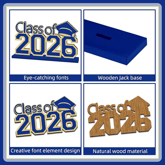 4Pcs Blue and Gold Graduation Decorations Class of 2026 Congrats Grad Wooden Table Centerpieces Grad Table Decorations for Graduation Centerpieces