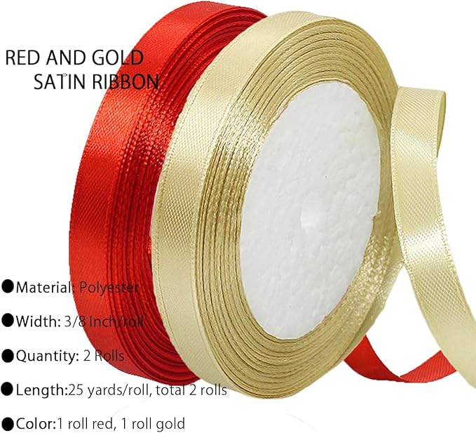 Gold Christmas Ribbon, Gold Red Satin Ribbon 3/8 Inch 50 Yards Fabric Ribbons for Mothers Day Decorations, Christmas Party, Gift Wrapping, Tree Ornaments, Bouquets, Scrapbooking, DIY Hair Bows Making
