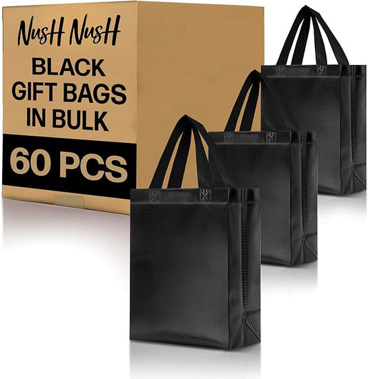 Nush Nush Set of 60 Shiny Black Gift Bags in Bulk - Reusable Black Gift Bags Medium Size - Metallic Party Favors Bags With Handles For Small Business Use, Gifting Events, Birthdays- 8Wx4Dx10H Size